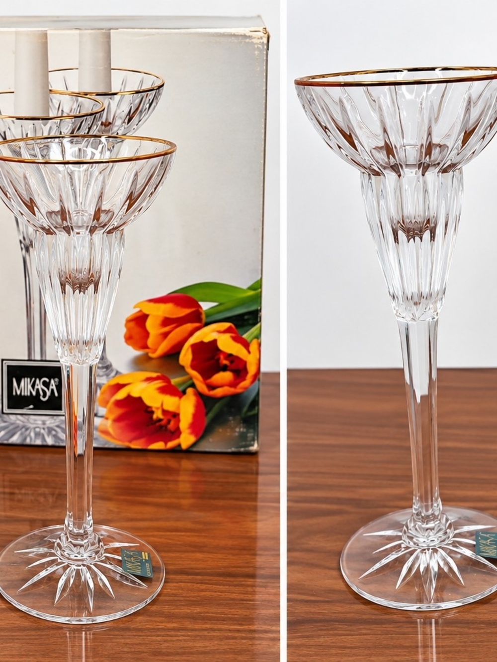 Mikasa Golden Tiars SN087/939 Crystal Candle Holder Set Of 2 Clear Gold Rim